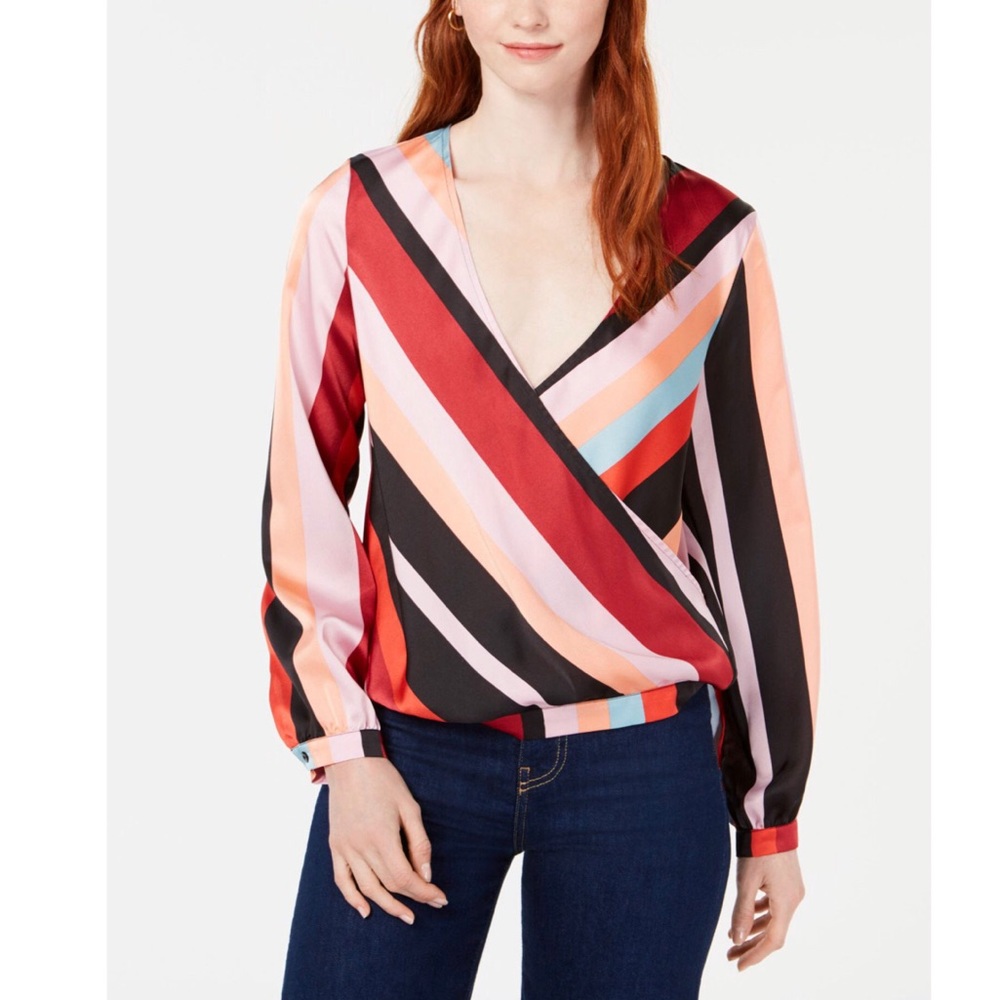 Bar III Satin Stripe V Neck Surplice Long Sleeve Crop Top Small